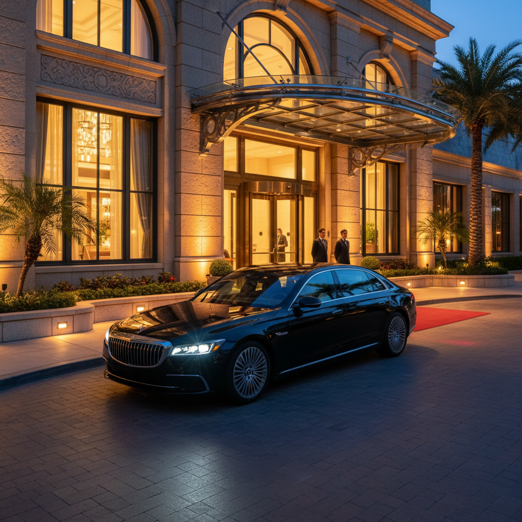 Affordable luxury black sedan service waiting at a Las Vegas hotel entrance at dusk
