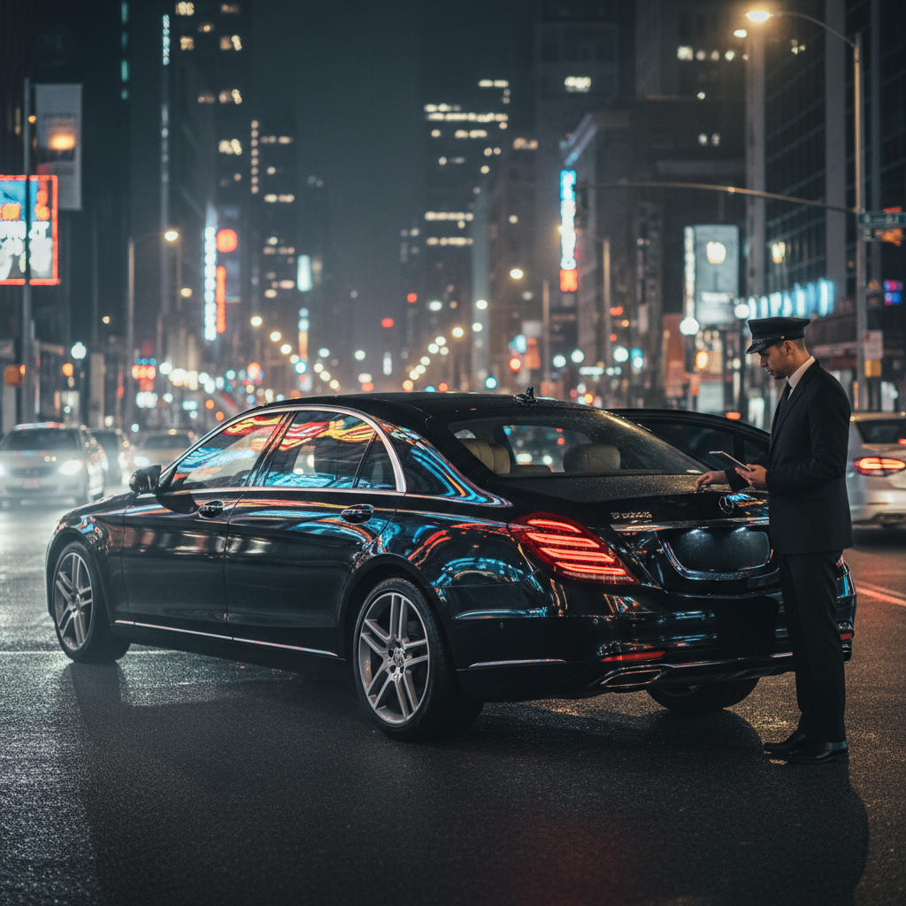 Sleek black luxury sedan on a city street at night — HeXA Rides premium chauffeur service