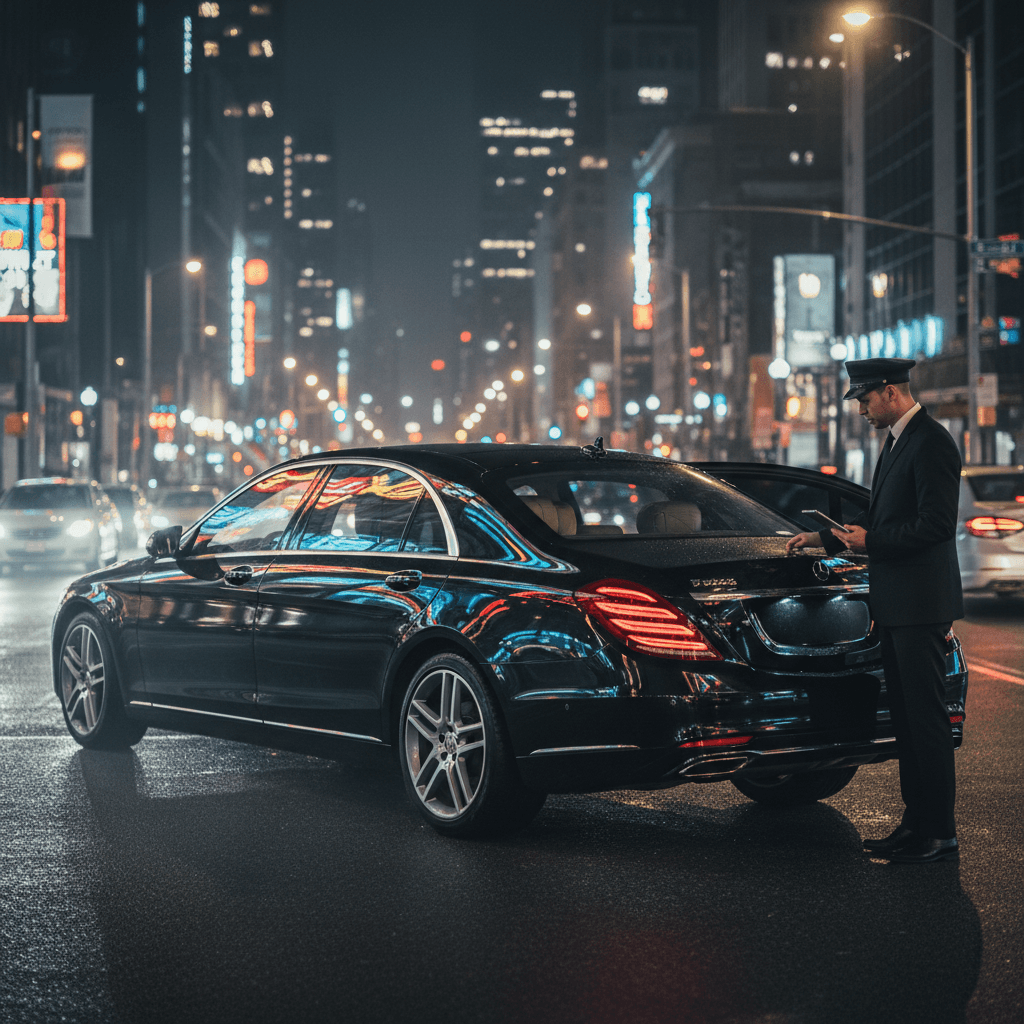 Black luxury executive sedan — HeXA Rides premium chauffeur service