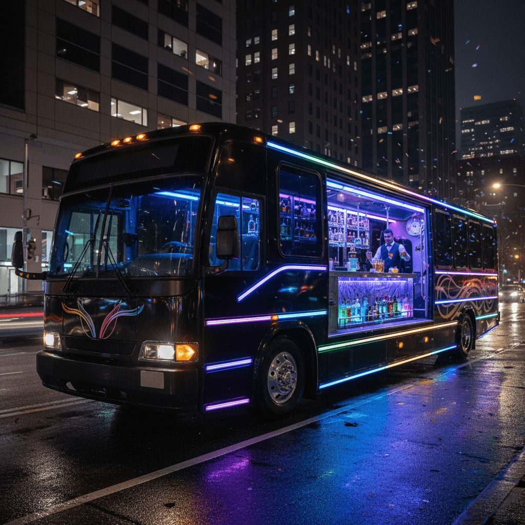 Interior of a luxury party bus with plush seating, LED lighting, and a premium sound system