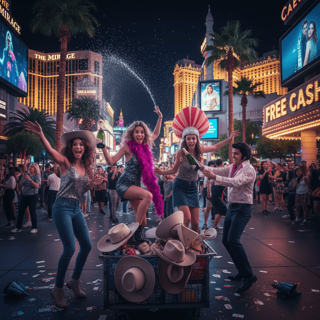 Group of friends in a luxury party ride vehicle cruising the Las Vegas Strip at night