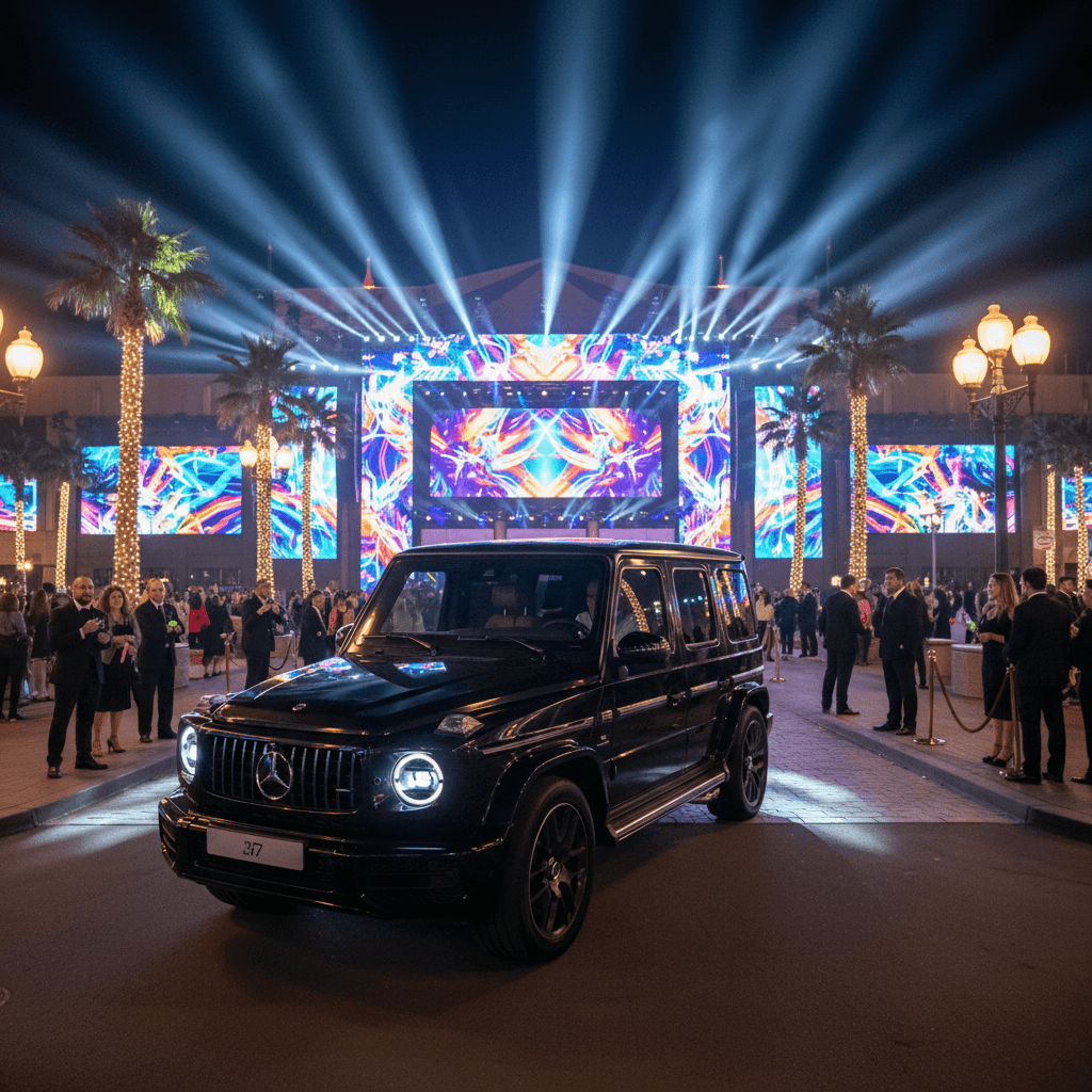 Luxury black SUV navigating Las Vegas traffic on fight night heading toward T-Mobile Arena
