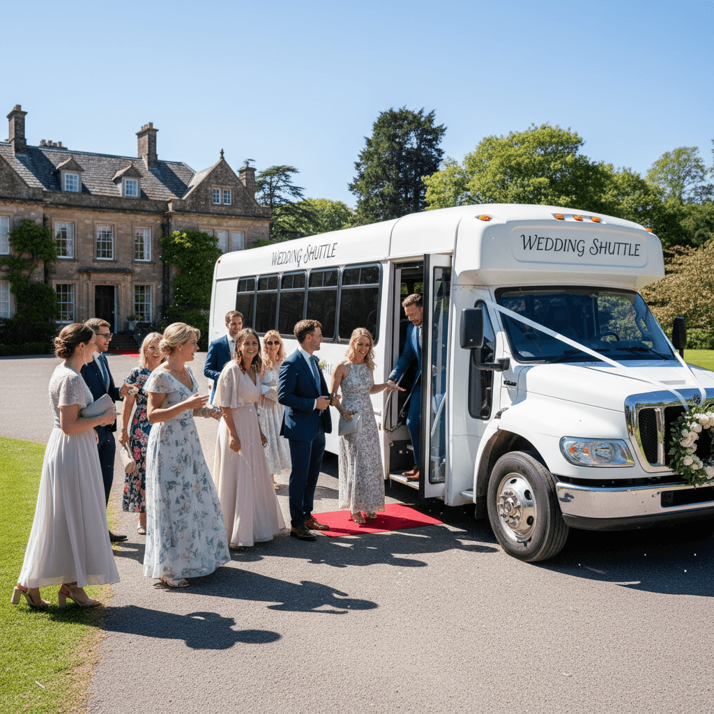 Wedding shuttle bus with guests boarding at a Las Vegas wedding venue on a sunny day