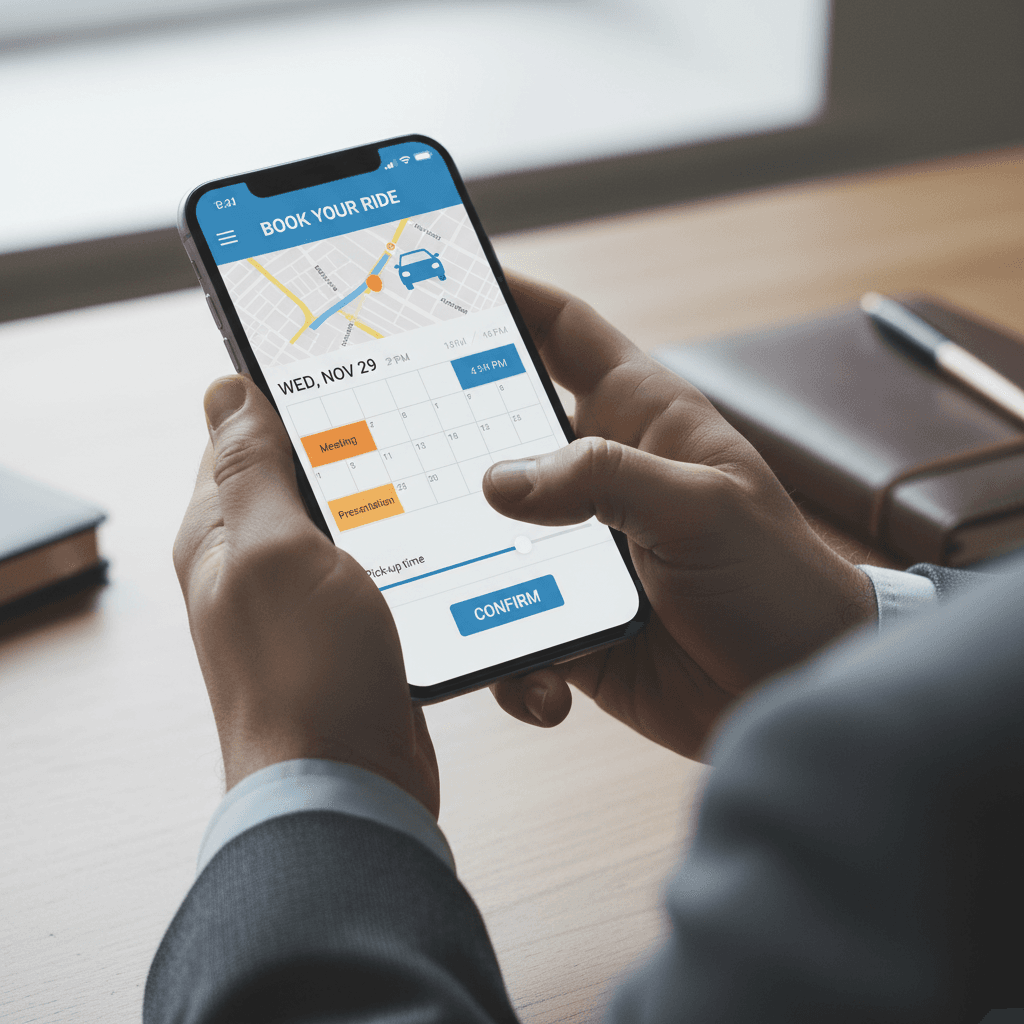 Calendar and luxury limousine booking confirmation on a smartphone screen