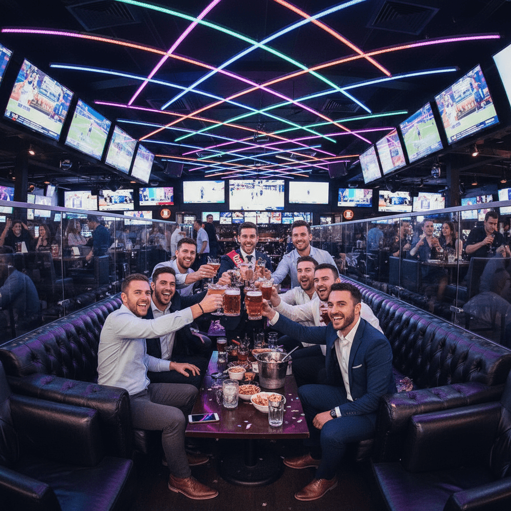 Group of men celebrating a bachelor party on the Las Vegas Strip at night with drinks