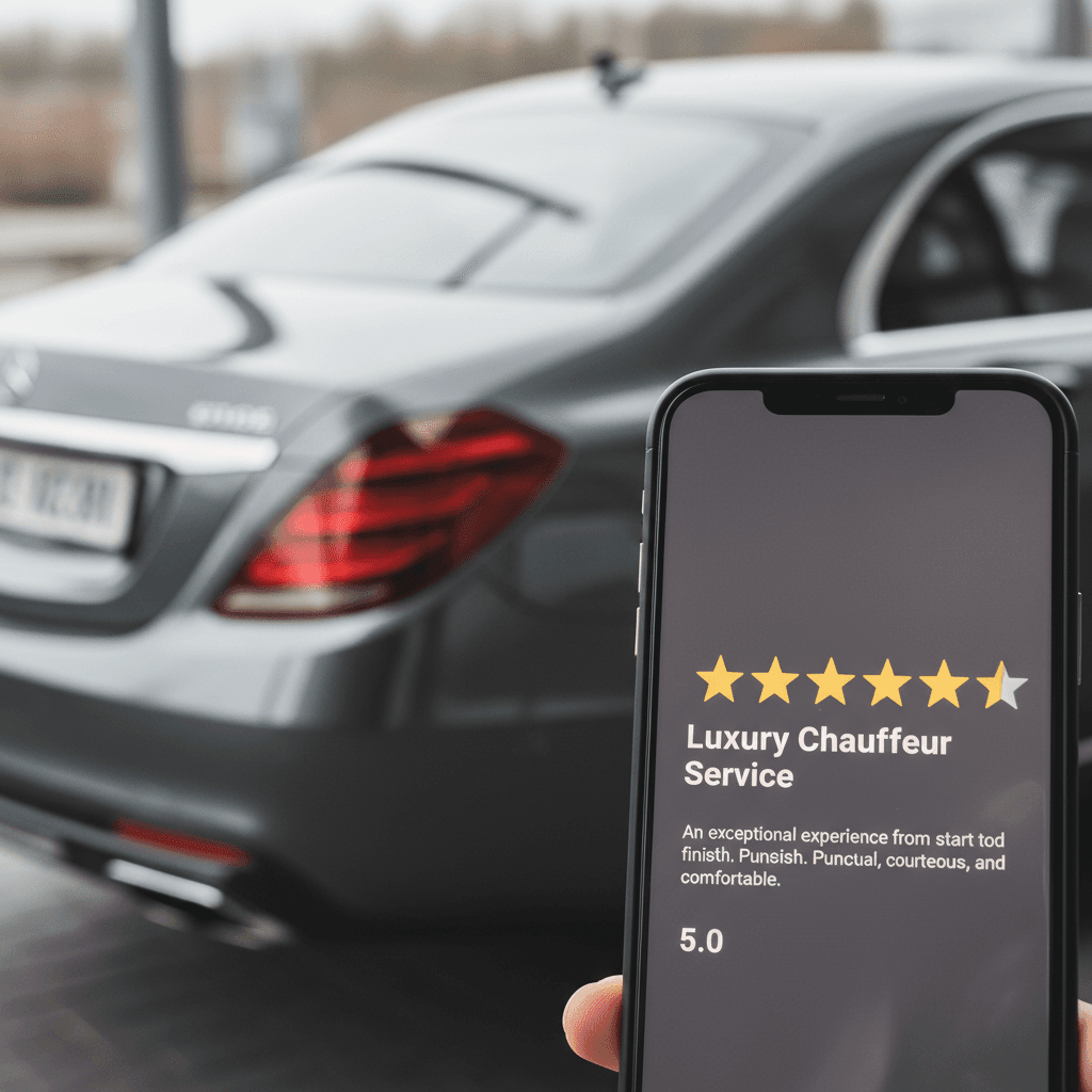 Five-star review rating displayed on a phone screen with a luxury chauffeur vehicle in the background