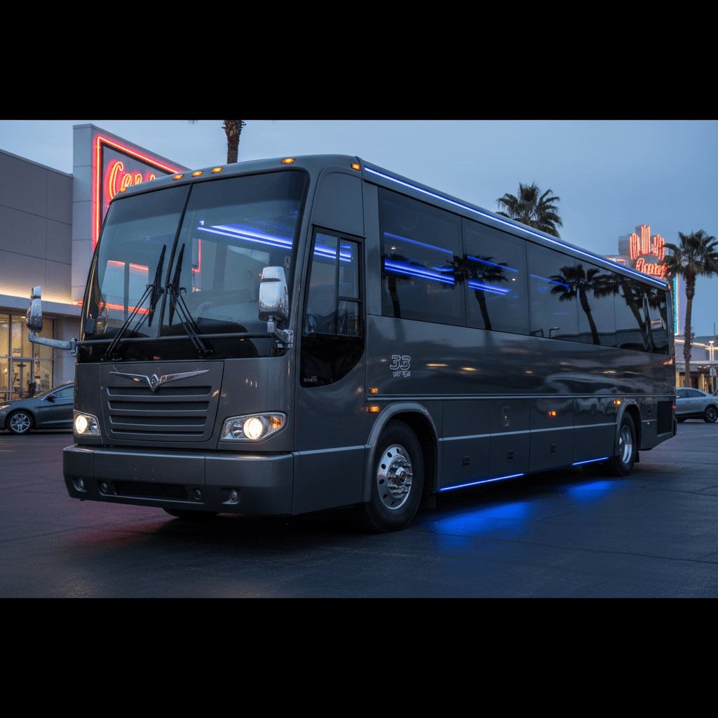 Spacious interior of a 33-passenger party bus showing seating capacity and entertainment features