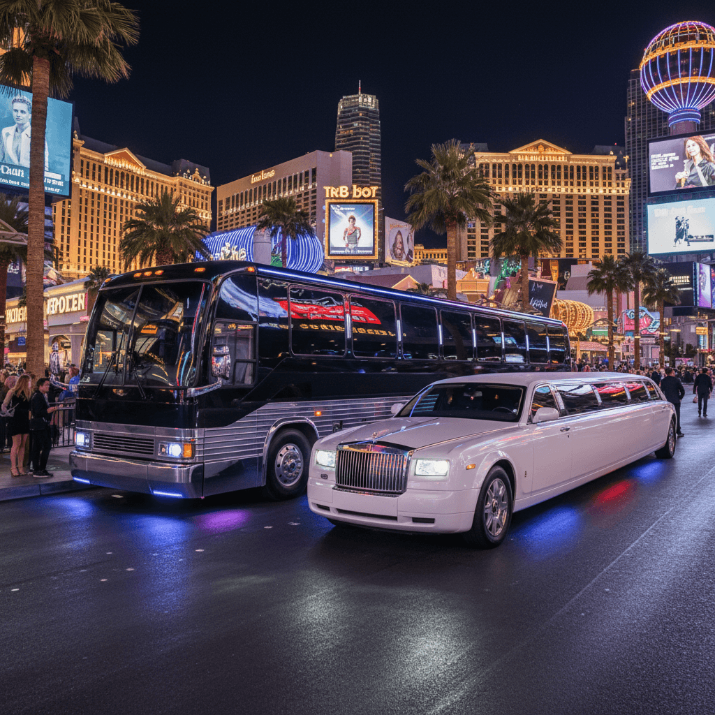 Side-by-side comparison of a luxury party bus and a stretch limousine parked in Las Vegas